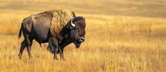 Big bison, American buffalo, standing on the prairie