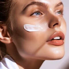 Young Woman Applying Moisturizing Cream on Her Face With Natural Light in a Bright Setting