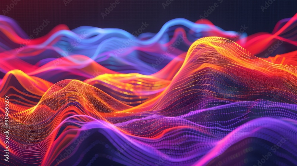 Poster dynamic 3d waves of colorful lines creating an abstract digital landscape.