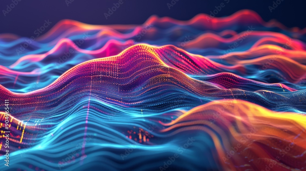 Poster dynamic 3d waves of colorful lines creating an abstract digital landscape.