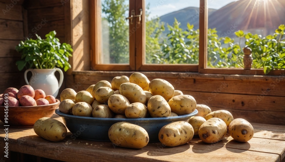 Poster fresh potatoes in rustic setting