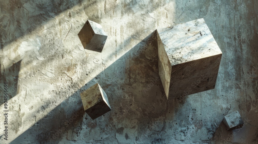 Leinwandbilder Floating 3D geometric shapes casting shadows on a textured surface.