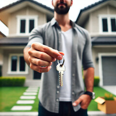 New Homeowner Holding Keys in Front of House