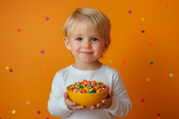 Naklejka premium A cute blonde toddler boy holding bowl of halloween candy in front of an orange background with confetti for halloween