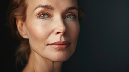 Fototapeta premium Portrait of a 50-year-old woman with glowing skin and minimal makeup.