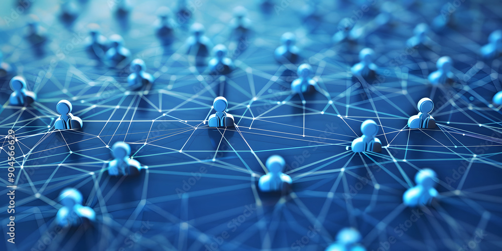 Poster abstract geometric background with many people icons. blue background visualizing social networks or