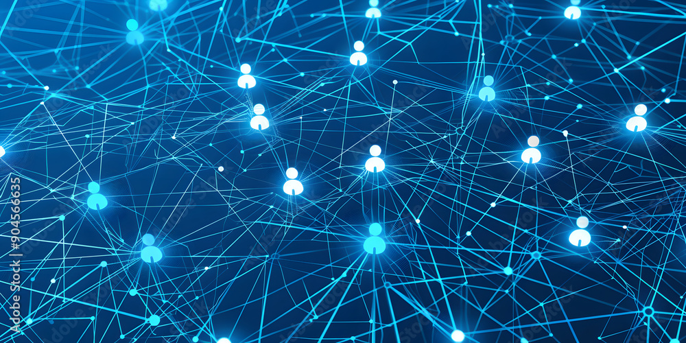 Poster abstract geometric background with many people icons. blue background visualizing social networks or