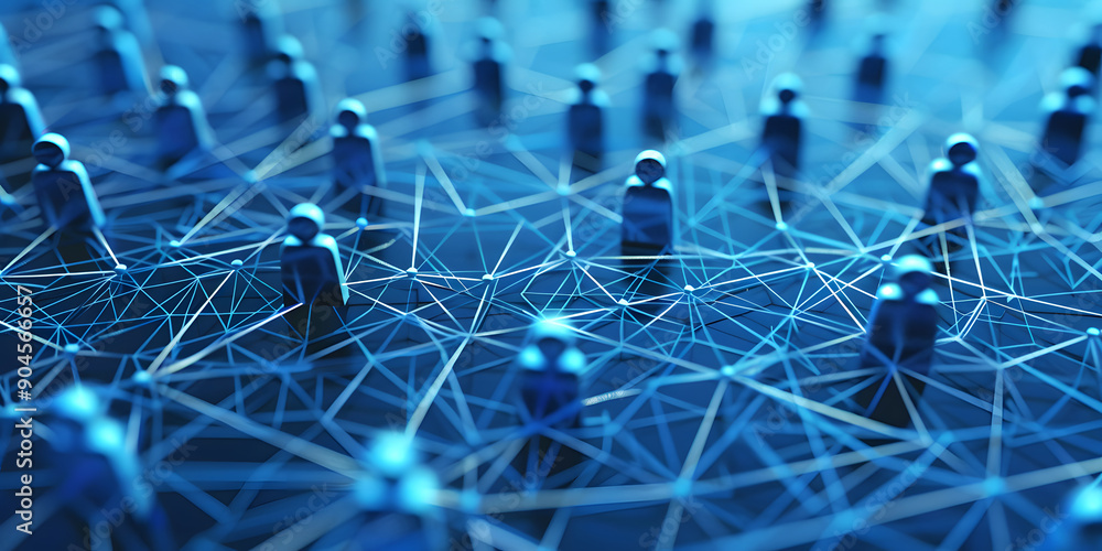 Poster abstract geometric background with many people icons. blue background visualizing social networks or