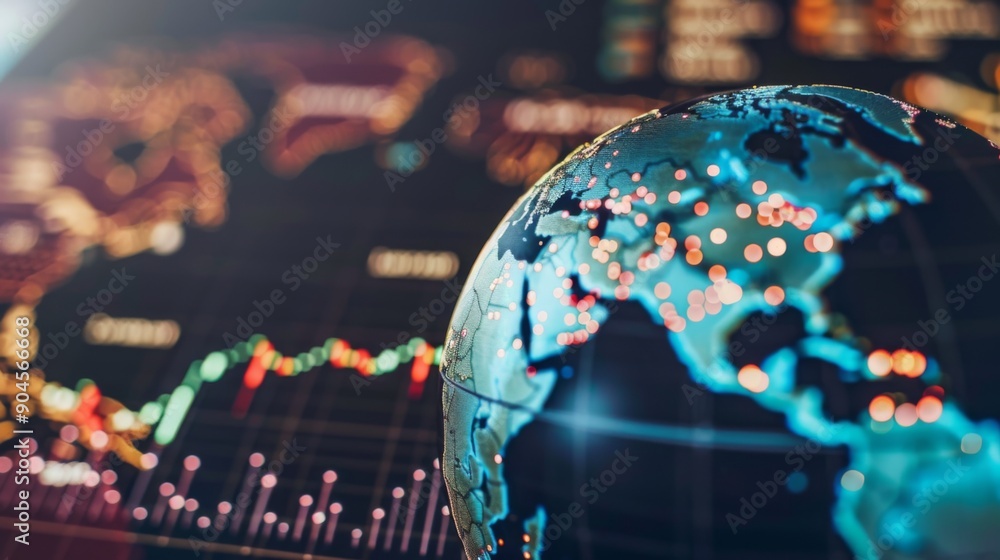 Aufkleber Rotating 3D globe with data points, representing international business expansion.
