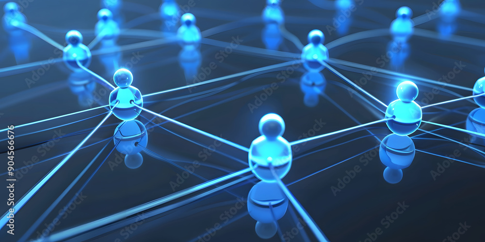 Poster abstract geometric background with many people icons. blue background visualizing social networks or