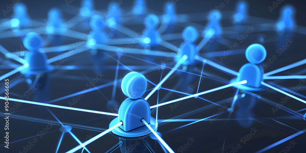 Poster abstract geometric background with many people icons. blue background visualizing social networks or