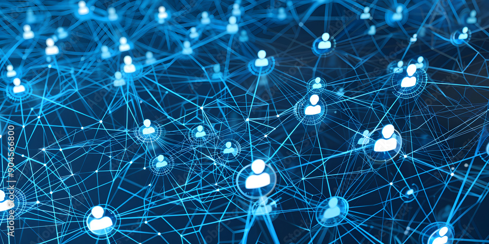 Poster abstract geometric background with many people icons. blue background visualizing social networks or