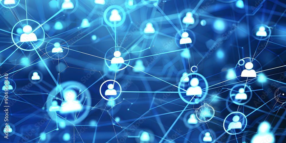 Poster abstract geometric background with many people icons. blue background visualizing social networks or