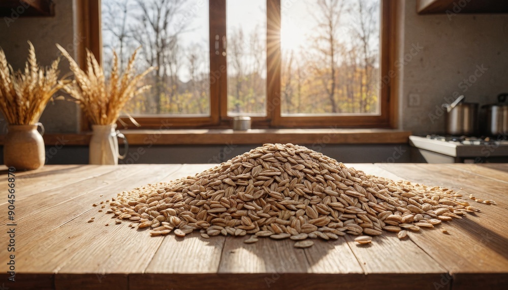 Poster Pile of Wheat Grains on Wooden Table with Window View.