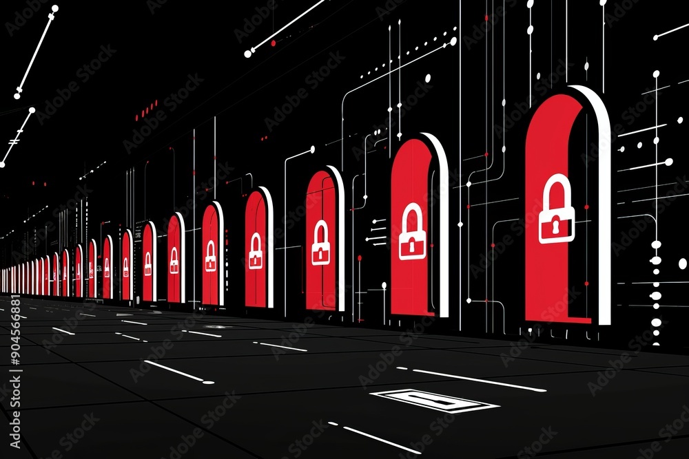 Poster futuristic data hall with strategic red digital locks, guiding secure access and control in a networ