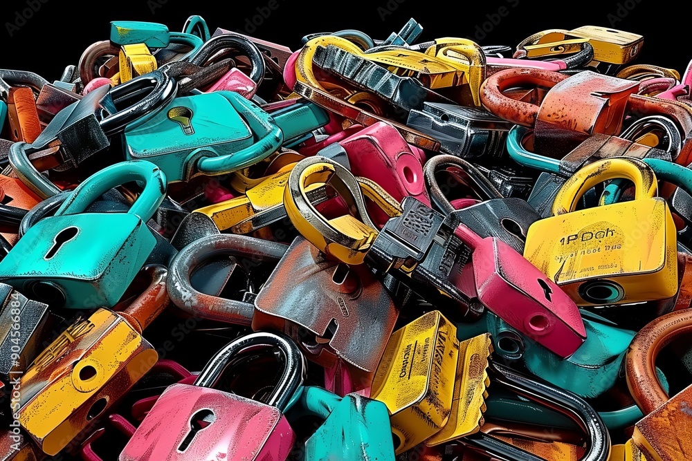 Poster colorful assortment of padlocks, emphasizing diversity and comprehensive security strategies across 
