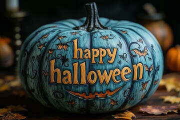 Halloween jack o lantern pumpkin with carved bold text "happy halloween" , A warm and mysterious Happy Halloween Jack O Lantern Pumpkin. black background