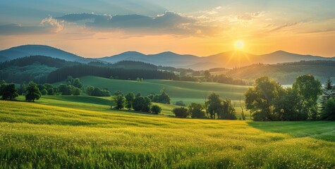 Sunrise Over Lush Green Hills and Fields