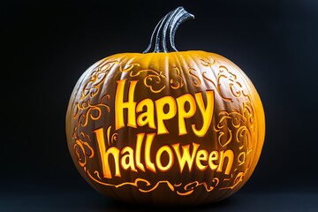 Halloween jack o lantern pumpkin with carved bold text "happy halloween" , A warm and mysterious Happy Halloween Jack O Lantern Pumpkin. black background