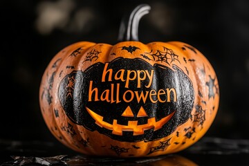 Halloween jack o lantern pumpkin with carved bold text "happy halloween" , A warm and mysterious Happy Halloween Jack O Lantern Pumpkin. black background