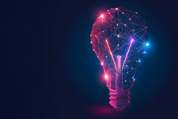 Abstract geometric light bulb in blue and purple neon colors on a dark background. Concept of a good or new idea