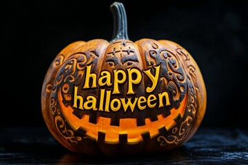 Halloween jack o lantern pumpkin with carved bold text "happy halloween" , A warm and mysterious Happy Halloween Jack O Lantern Pumpkin. black background
