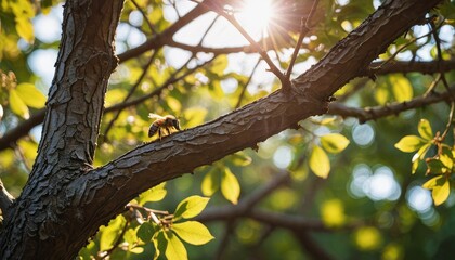 Bee on a Tree Branch with Sun Flare.