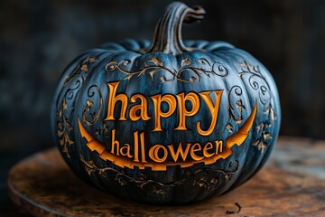 Halloween jack o lantern pumpkin with carved bold text "happy halloween" , A warm and mysterious Happy Halloween Jack O Lantern Pumpkin. black background