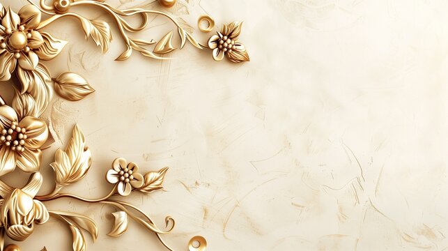 Elegant Golden Floral Decorative Design with Beige Textured Background - Suitable for Invitations, Greeting Cards, and Stylish Posters