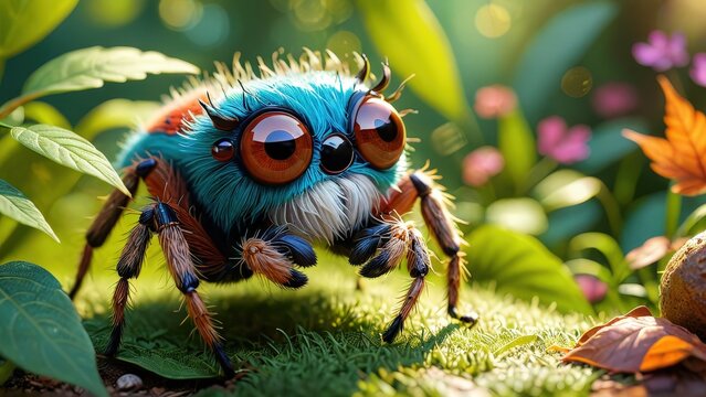 Cute Cartoon Jumping Spider in a Green Forest - Powered by Adobe