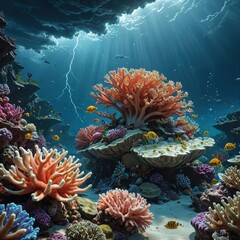 Obraz premium Underwater Coral Reef with Sunlight and Lightning.