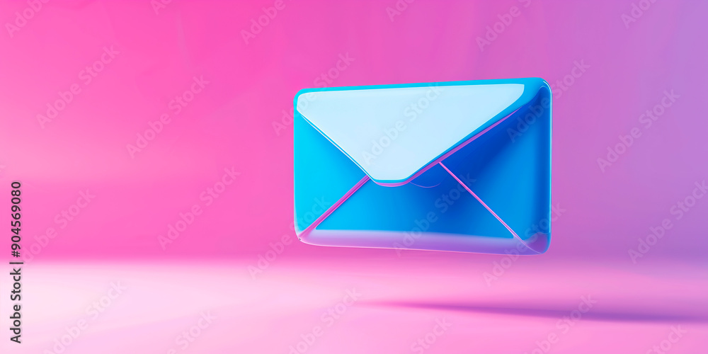 Poster a blue envelope with a white label is floating in the air. the envelope is a symbol of communication