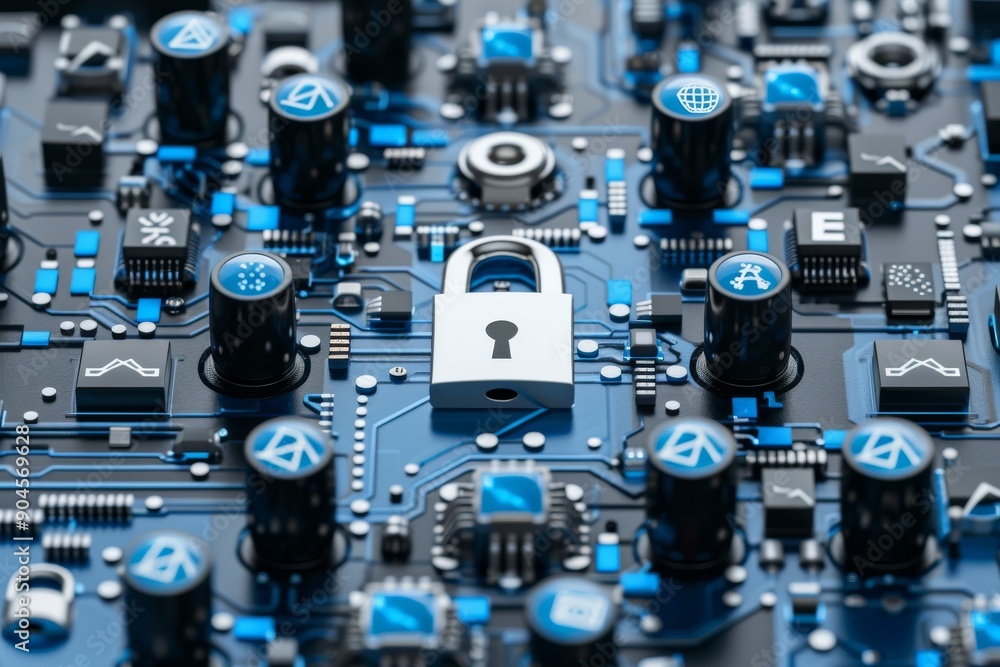 Poster cyborg with a digital security interface, symbolizing the blend of human intelligence with cybersecu
