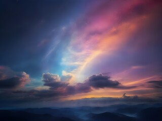 Fototapeta premium A breathtaking, cinematic photograph showcasing a vibrant rainbow celestial sky at nighttime, with swirling clouds of iridescent hues, ranging from soft pastel pinks and blues Generative AI