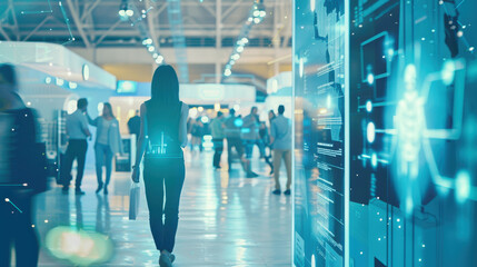 Dynamic image of a tech job fair where candidates are exploring AI career options. Highlight job listings and resumes,