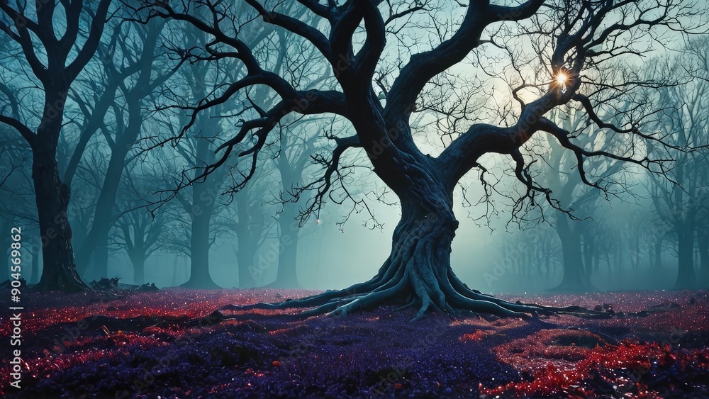 Poster enchanting forest with sunrays shining through tree branches.