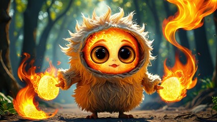 Fototapeta premium Fire Creature Holding Flaming Orbs.