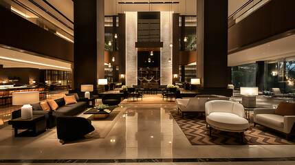 A modern hotel lobby with elegant decor