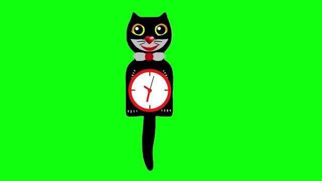 Black cat shaped wall clock with pendulum movement on green background