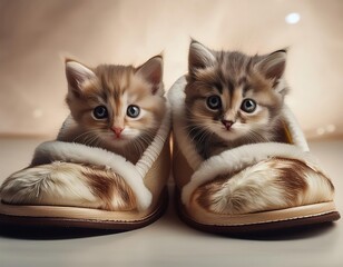 Cute kittens sitting in slippers