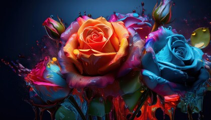 Vibrant Colorful Roses with Water Drops