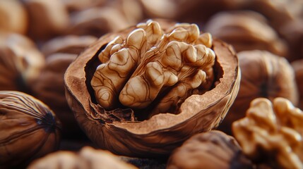 Fototapeta premium Close-up of a handful of walnuts with a rough texture and rich brown color. Both in the shell and split open walnuts with intricate patterns and natural colors
