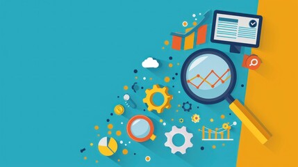 An illustration showing various data analysis tools, including graphs, charts, a magnifying glass, gears, and a computer monitor, representing analytics, business intelligence, and research.