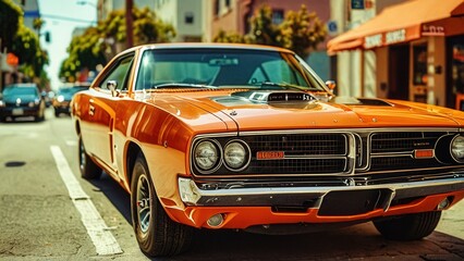 Classic Orange Muscle Car on City Street.