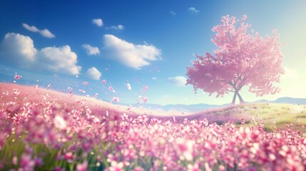 Obraz premium Breathtaking Pink Blossom Field Illustration with Cherry Blossom Tree and Clear Blue Sky
