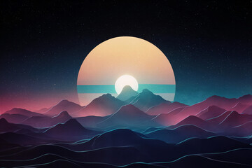 Obraz premium A mesmerizing celestial landscape. A large, radiant sun is positioned in the center, casting a gradient of colors from orange to blue.