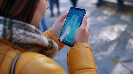 Biometric security network, privacy data protection. Woman fingerprint identification on mobile phone to access personal financial data, mobile banking app, cybersecurity technology