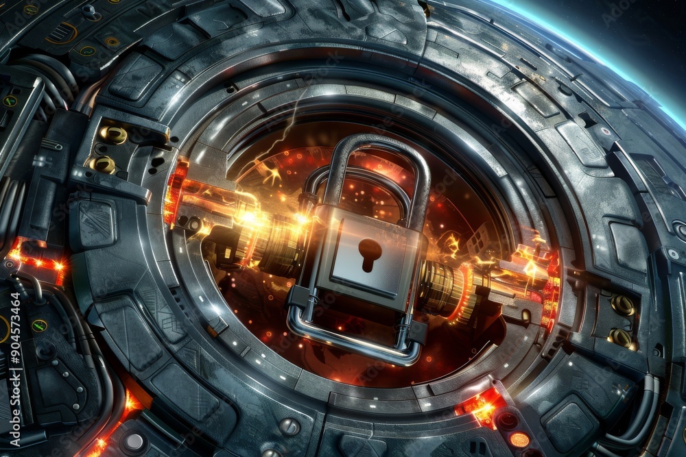 Poster neon-infused cyber lock portal in a virtual reality environment, symbolizing gateway to protected di