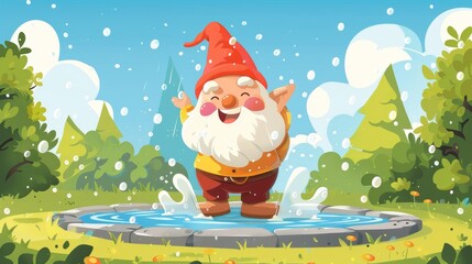 Obraz premium Gnome playing in a splash pad, joyfully running through water jets on a sunny day. Cartoon illustrations vectors