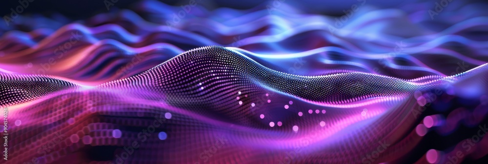 Poster make a futuristic digital scene with neon colors and wavy abstract patterns for an innovative look